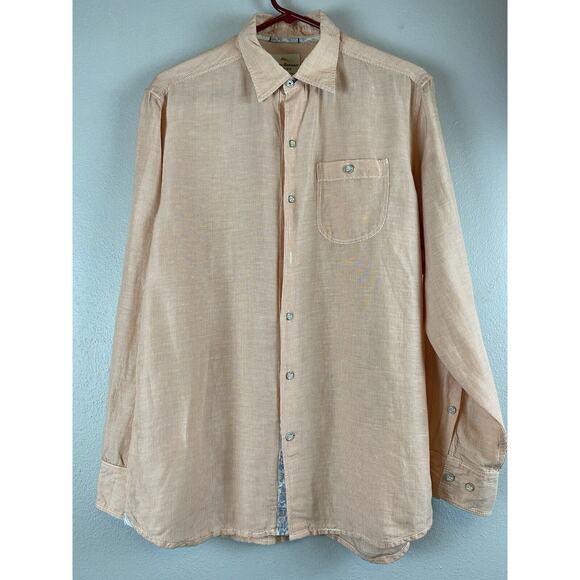 Tommy Bahama Sz Sm Mens Pink Stripe Linen Tencil Button Up Contrast Insets Trim - Picture 1 of 10